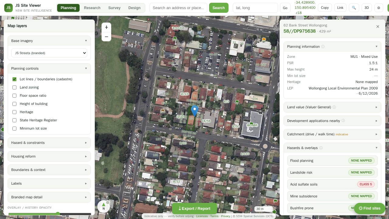 JS Site Viewer — a live NSW site report with aerial imagery, lot lines, zoning and hazards