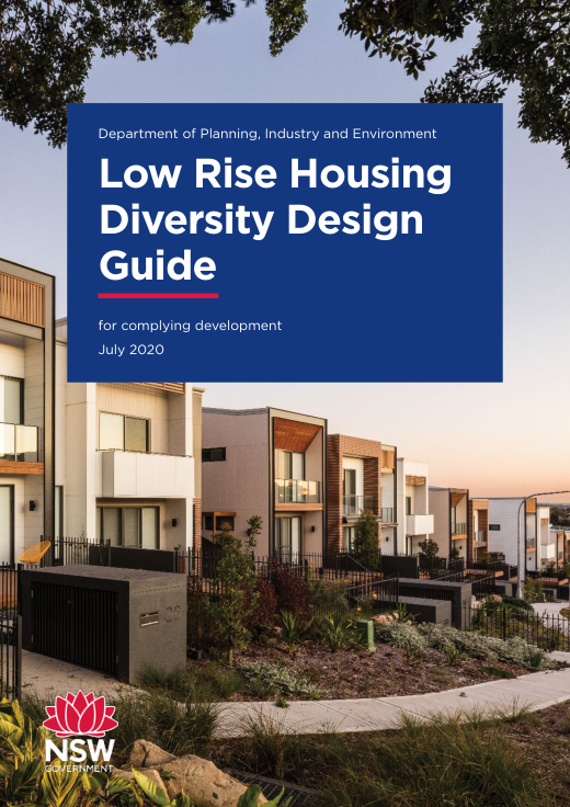 Cover of the NSW Low Rise Housing Diversity Design Guide for Complying Development, July 2020, showing the guide title and NSW Government branding.