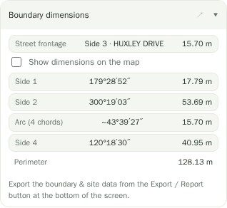 The boundary dimensions card listing the street frontage and each boundary segment with its bearing in degrees, minutes and seconds and its length in metres