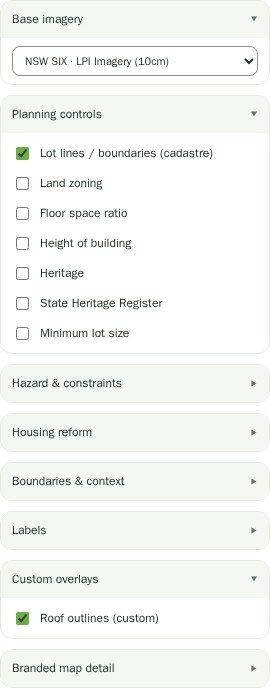 The map layers panel listing base imagery, planning controls, hazard and constraint layers, housing reform layers and label groups