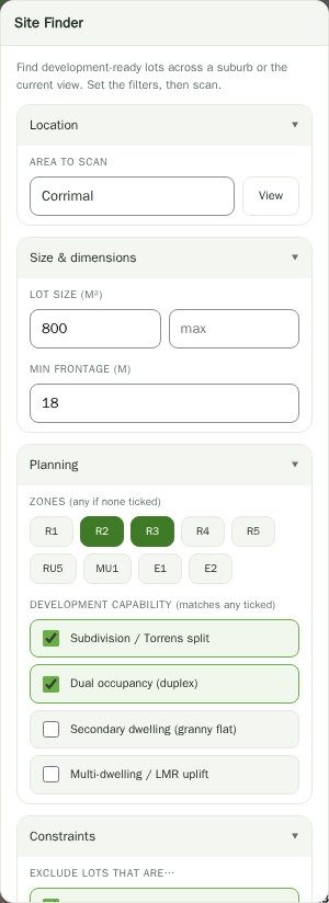 The Site Finder panel with an area to scan of Corrimal, a minimum lot size of 800 square metres, an 18 m minimum frontage, R2 and R3 zones ticked, and subdivision and dual occupancy capability filters selected