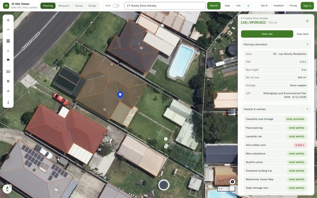 A NSW lot open in JS Site Viewer over 10 cm aerial imagery, with the hazards section listing flood, landslide, acid sulfate soils, bushfire, heritage and biodiversity results for the parcel