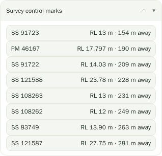 The survey control marks card listing SCIMS marks near the site with their identifiers, reduced levels and distances from the parcel